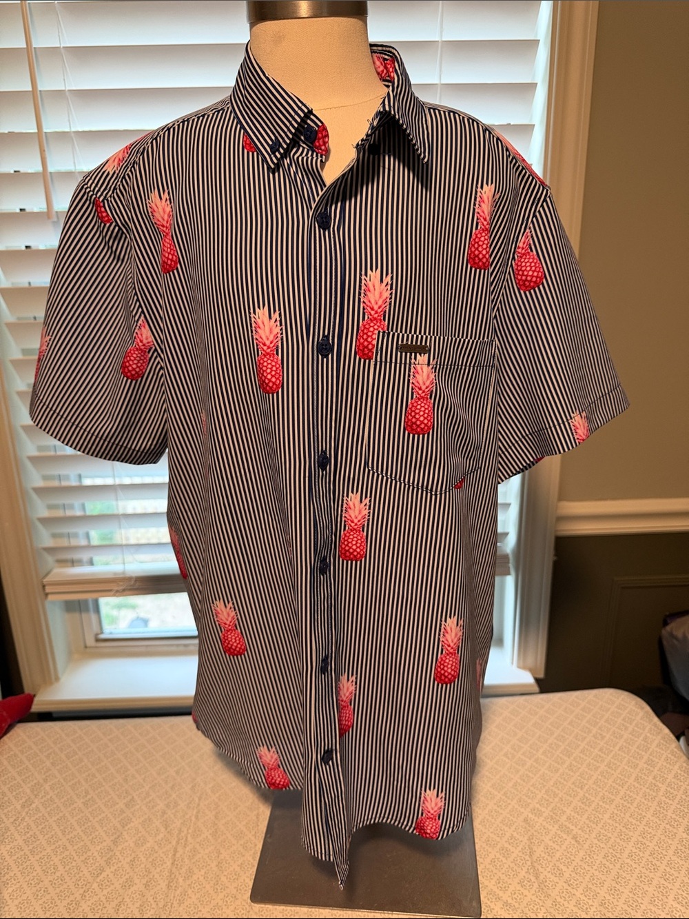 Men's Navy Pinstripe Short-Sleeve Button-Down Shirt with Pink Pineapple Print